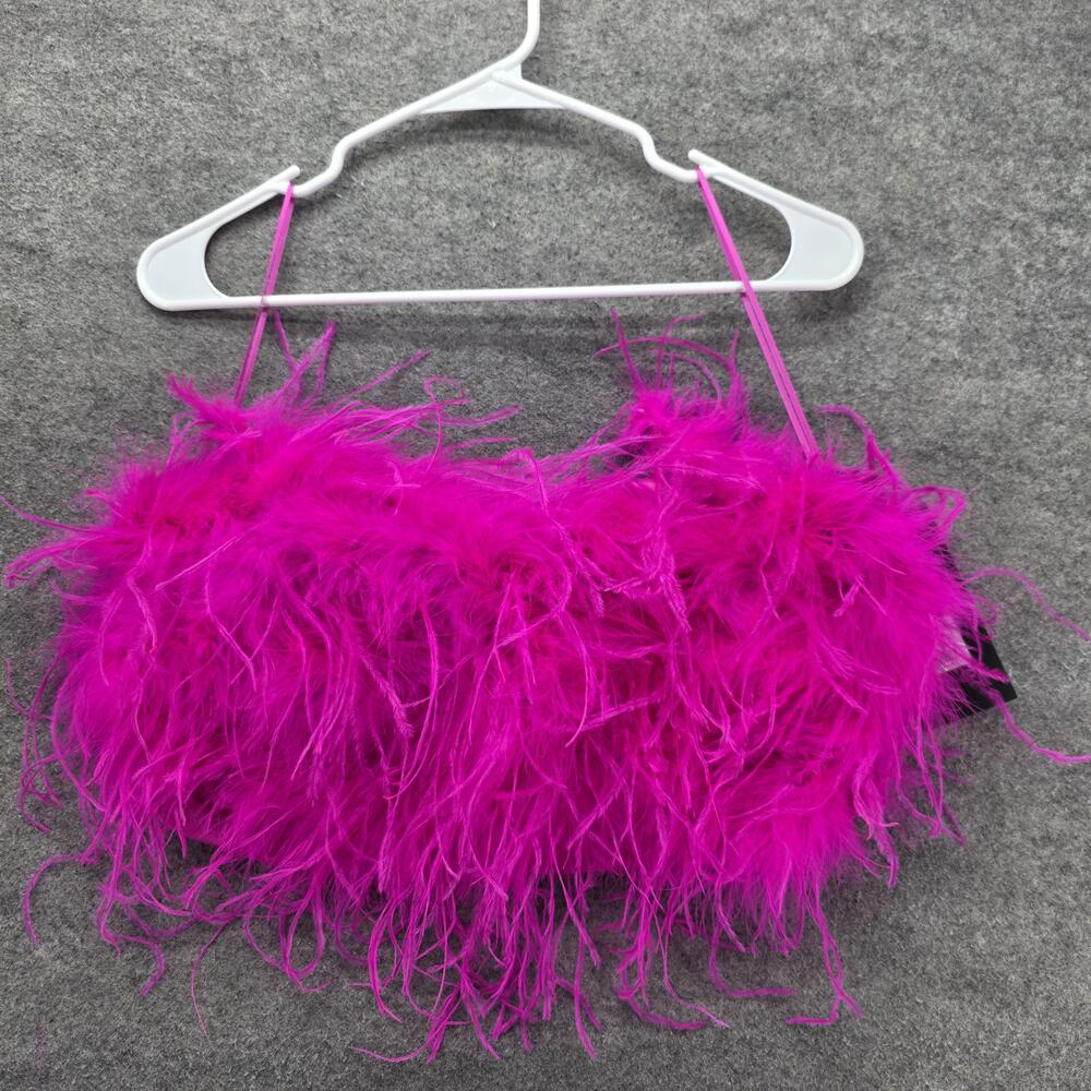Fashion Nova Tank Womens XL Hot Pink Sweetheart Satin Feathered Strappy Zip Slim